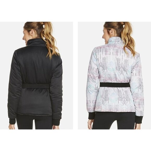 Fabletics Medusa Reversible Belted Puffer Jacket Black/Arctic Print Size XL NWT - Picture 2 of 12